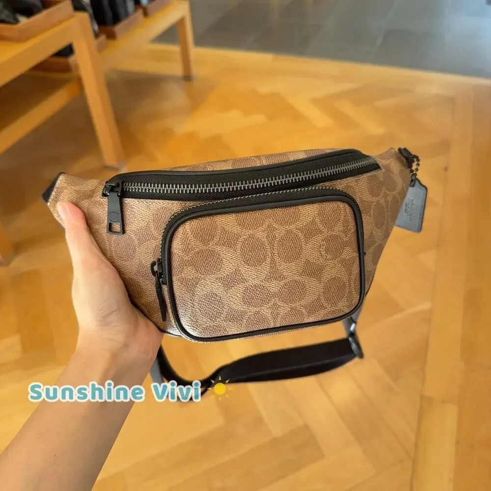 NWT Coach Travis Belt Bag 30 In Signature Canvas Matte Black/Tan Black CET88